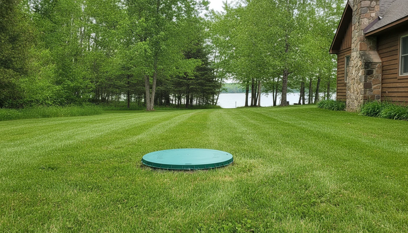 Septic tank access lid at grade on a Kawartha Lakes lawn